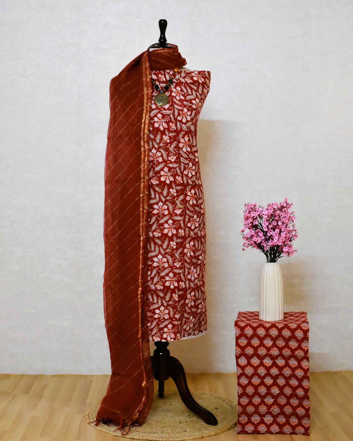 Red All-over Jaal Hand Block Printed Cotton Suit with Kota Doria Lehriya Dupatta