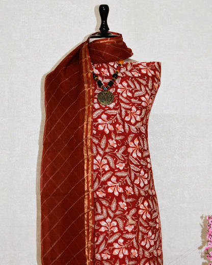 Red All-over Jaal Hand Block Printed Cotton Suit with Kota Doria Lehriya Dupatta