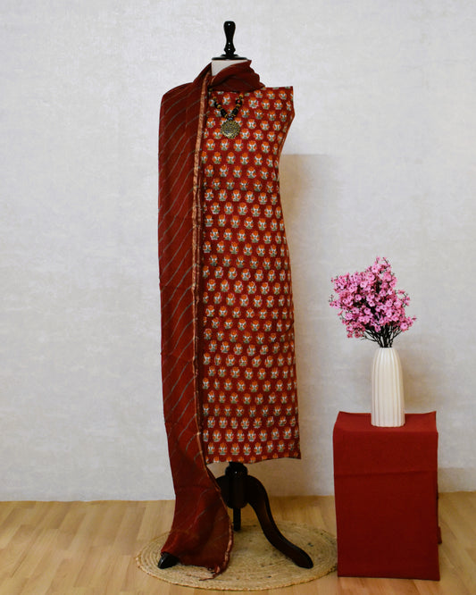 Red Floral Small Buti Hand Block Printed Cotton Suit with Kota Doria Lehriya Dupatta