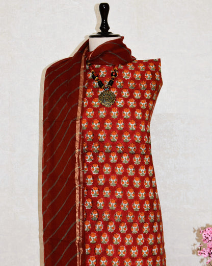 Red Floral Small Buti Hand Block Printed Cotton Suit with Kota Doria Lehriya Dupatta