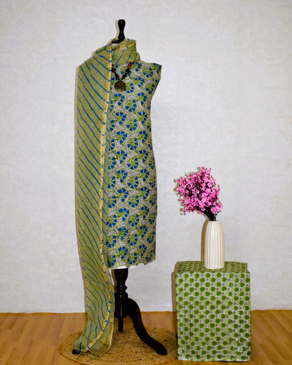 Green Hand Block Printed Cotton Suit with Kota Doria Lehriya Dupatta