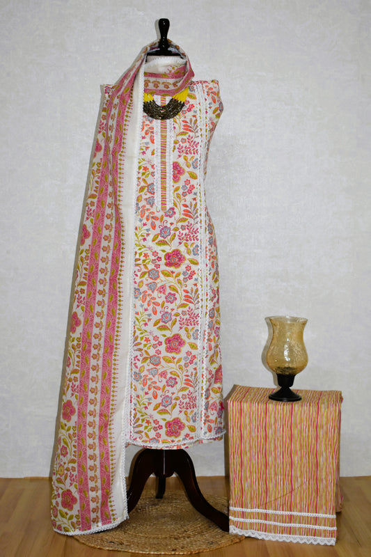 Hand Block Printed Cotton Suit with Crochet Lace Work and Malmal Dupatta