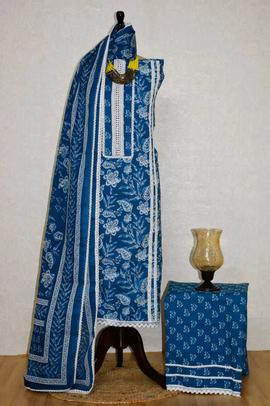Hand Block Printed Cotton Suit with Crochet Lace Work and Malmal Dupatta