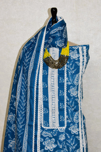 Hand Block Printed Cotton Suit with Crochet Lace Work and Malmal Dupatta