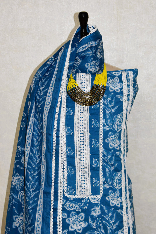 Hand Block Printed Cotton Suit with Crochet Lace Work and Malmal Dupatta