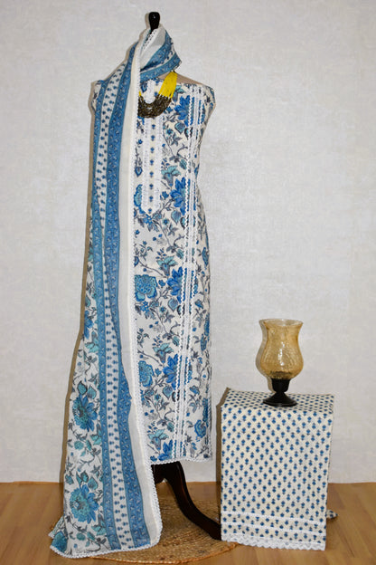Hand Block Printed Cotton Suit with Crochet Lace Work and Malmal Dupatta