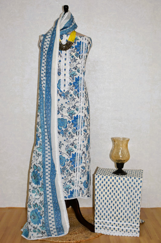 Hand Block Printed Cotton Suit with Crochet Lace Work and Malmal Dupatta