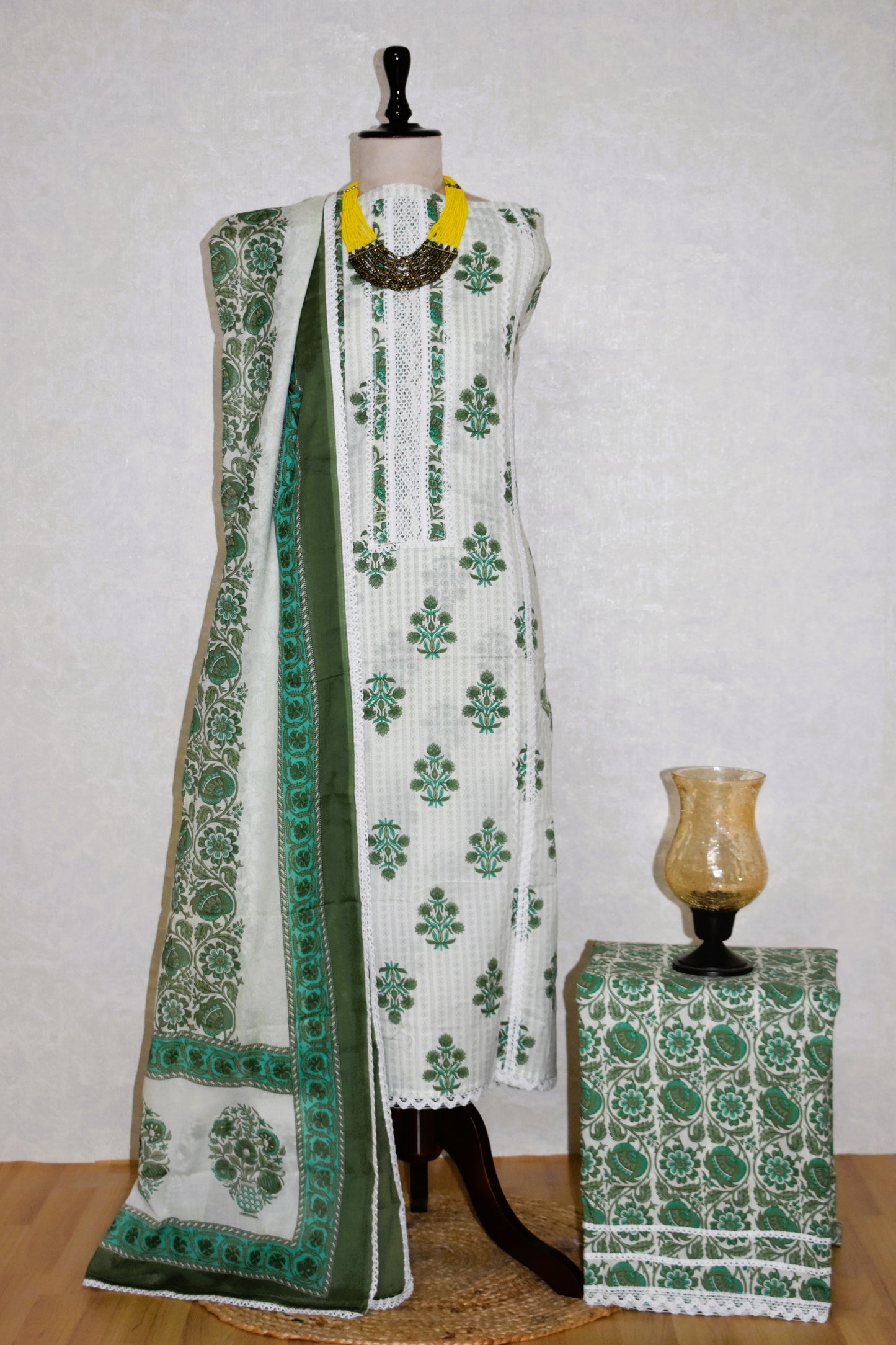 Hand Block Printed Cotton Suit with Crochet Lace Work and Malmal Dupatta
