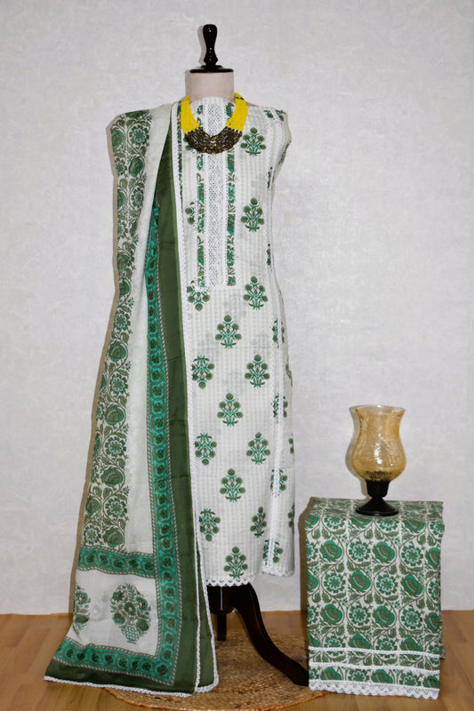 Hand Block Printed Cotton Suit with Crochet Lace Work and Malmal Dupatta