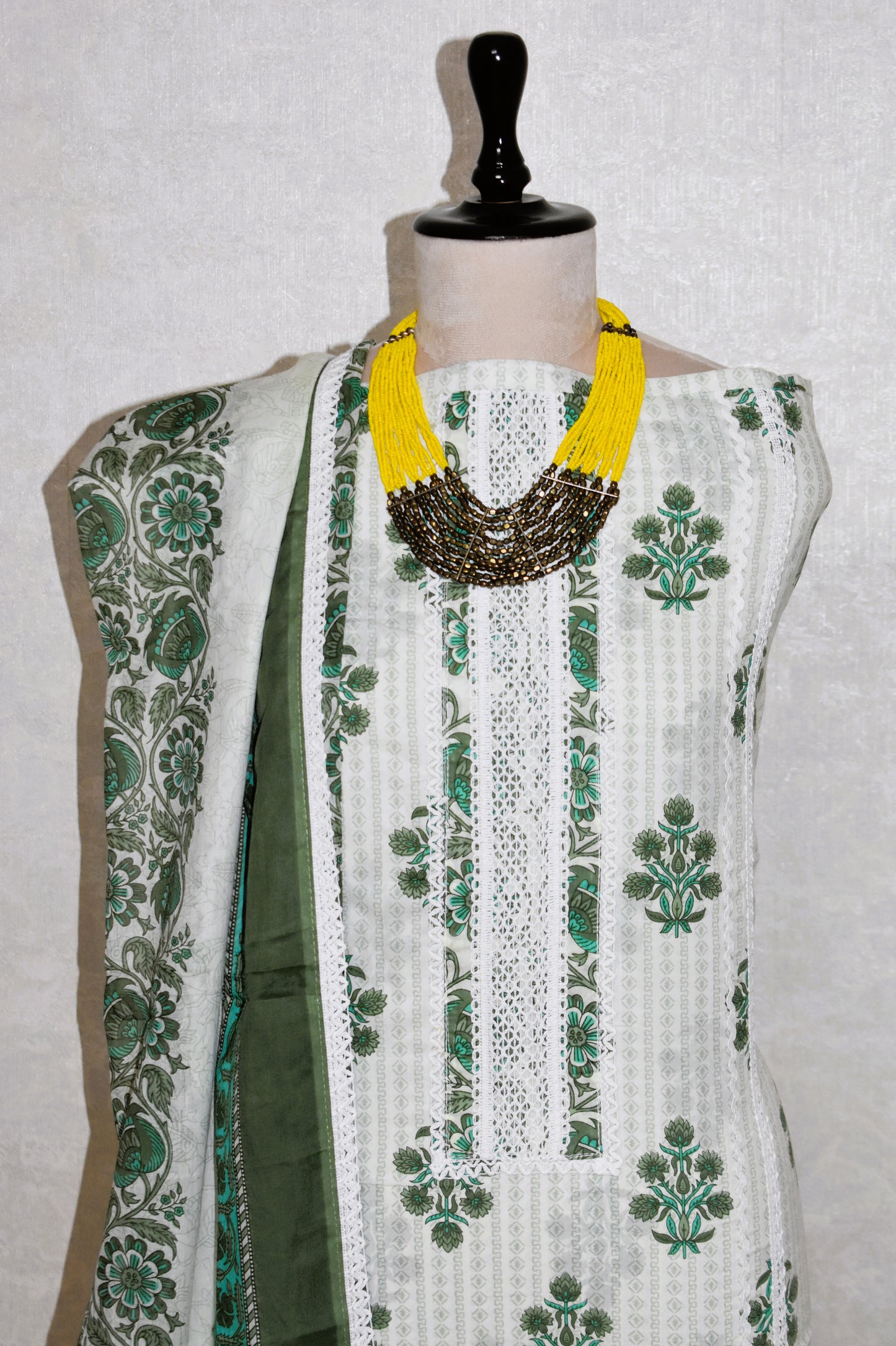 Hand Block Printed Cotton Suit with Crochet Lace Work and Malmal Dupatta