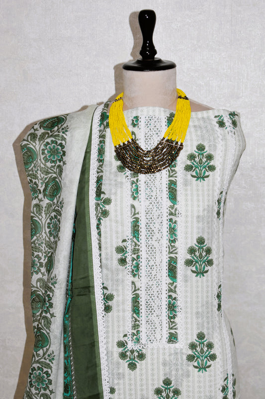 Hand Block Printed Cotton Suit with Crochet Lace Work and Malmal Dupatta