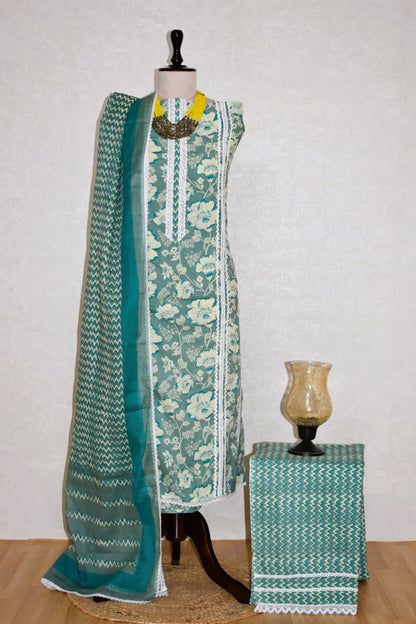 Hand Block Printed Cotton Suit with Crochet Lace Work and Malmal Dupatta