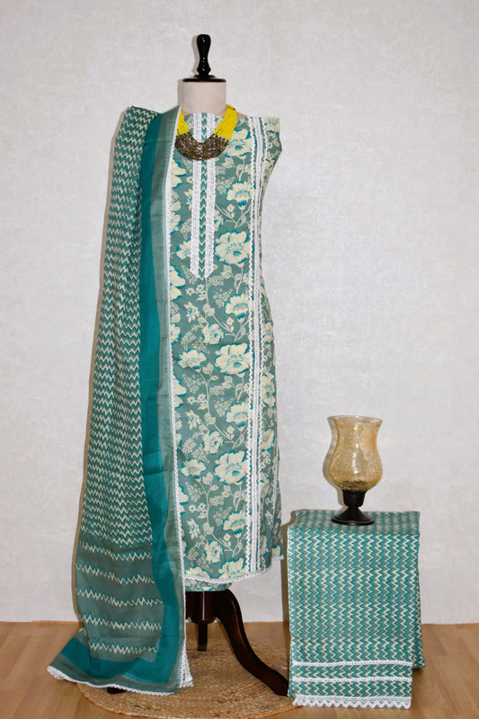 Hand Block Printed Cotton Suit with Crochet Lace Work and Malmal Dupatta