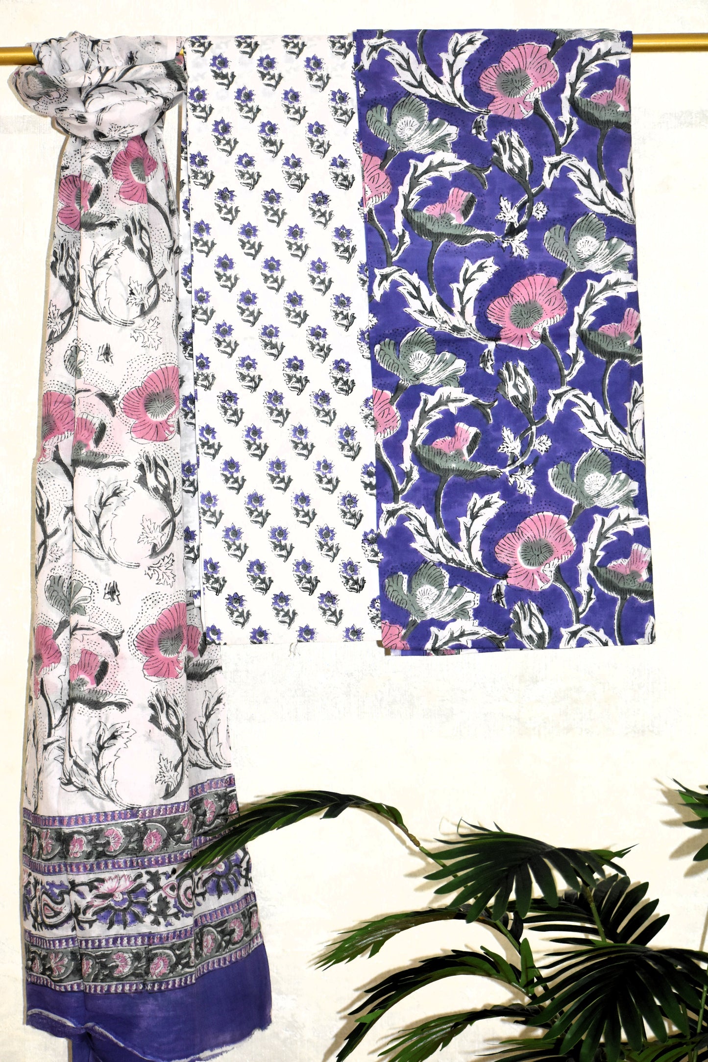 Pink with Purple Floral Hand Block Printed Cotton Suit with Malmal Dupatta