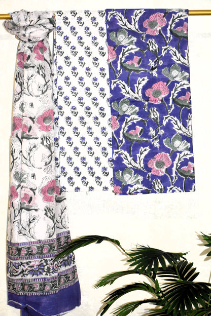 Pink with Purple Floral Hand Block Printed Cotton Suit with Malmal Dupatta