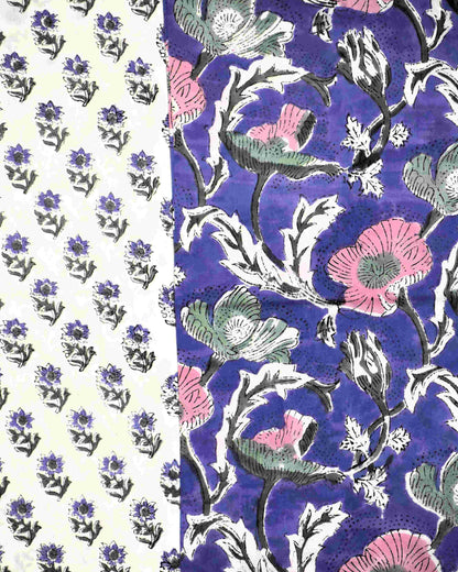 Pink on Purple Floral Hand Block Printed Cotton Suit with Malmal Dupatta
