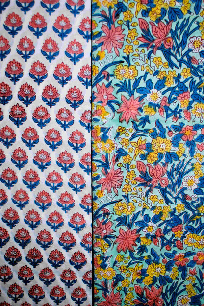 Multicolour Floral All-over Hand Block Printed Cotton Suit with Malmal Dupatta