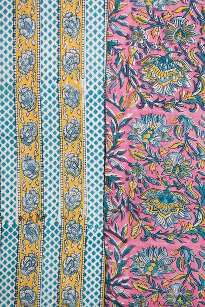 Pink All-over Floral Hand Block Printed Cotton Suit with Malmal Dupatta