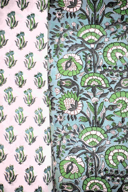 Blue-Green Floral Hand Block Printed Cotton Suit with Malmal Dupatta