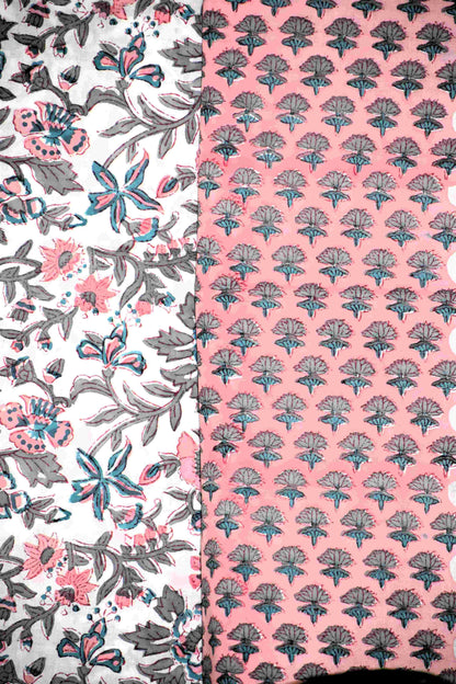 Pink All-over Small Buti Hand Block Printed Cotton Suit with Malmal Dupatta