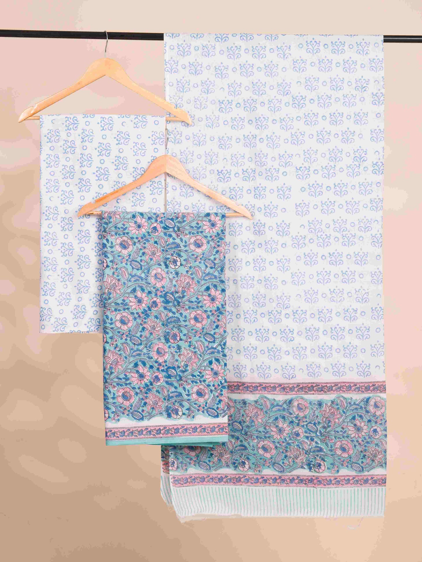 Aqua Blue All-over Floral Hand Block Printed Cotton Suit with Malmal Dupatta