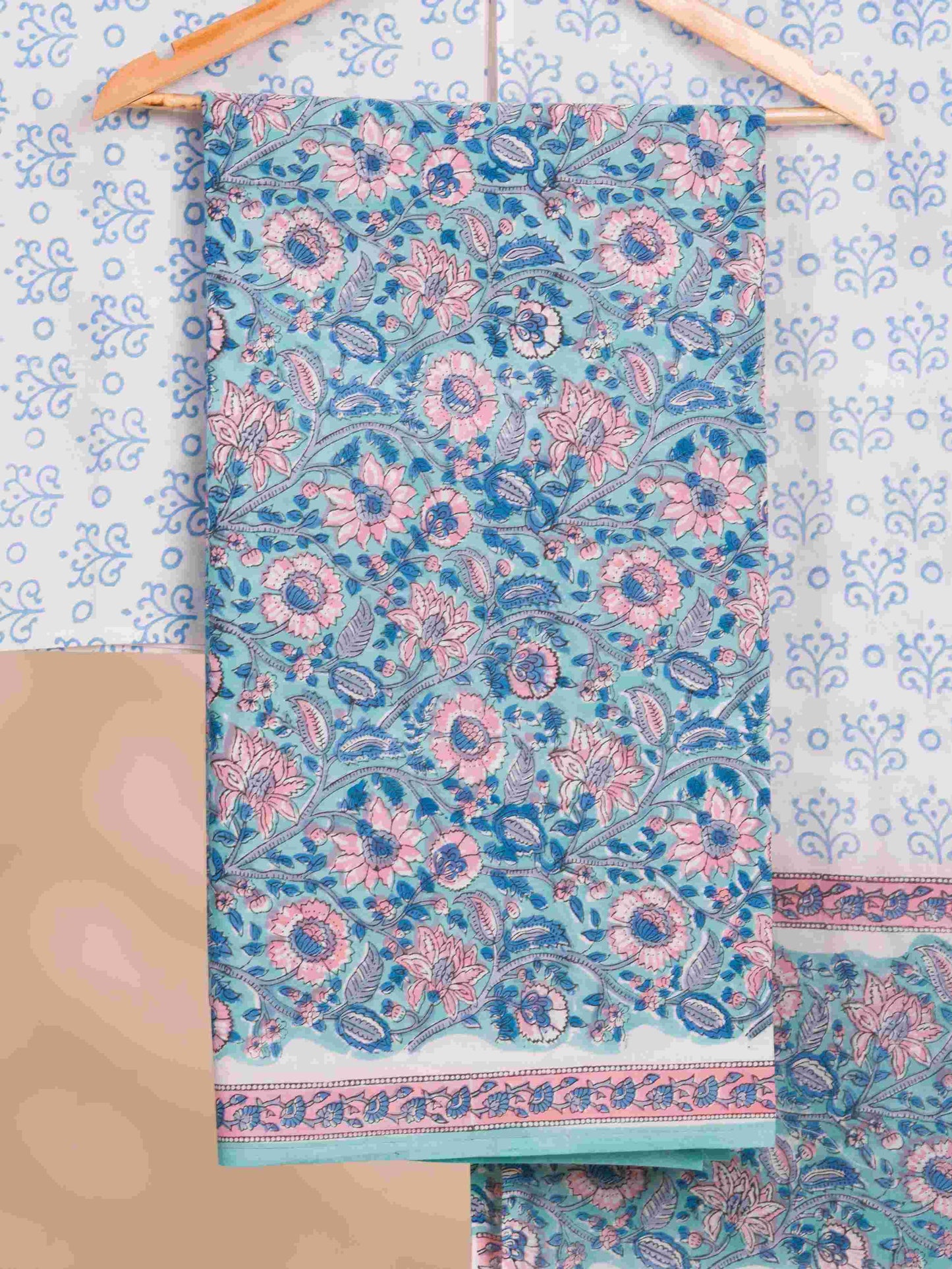 Aqua Blue All-over Floral Hand Block Printed Cotton Suit with Malmal Dupatta