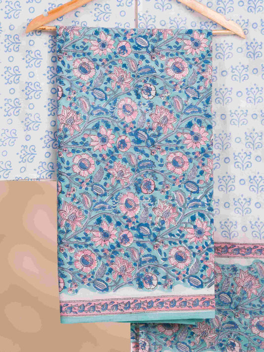 Aqua Blue All-over Floral Hand Block Printed Cotton Suit with Malmal Dupatta