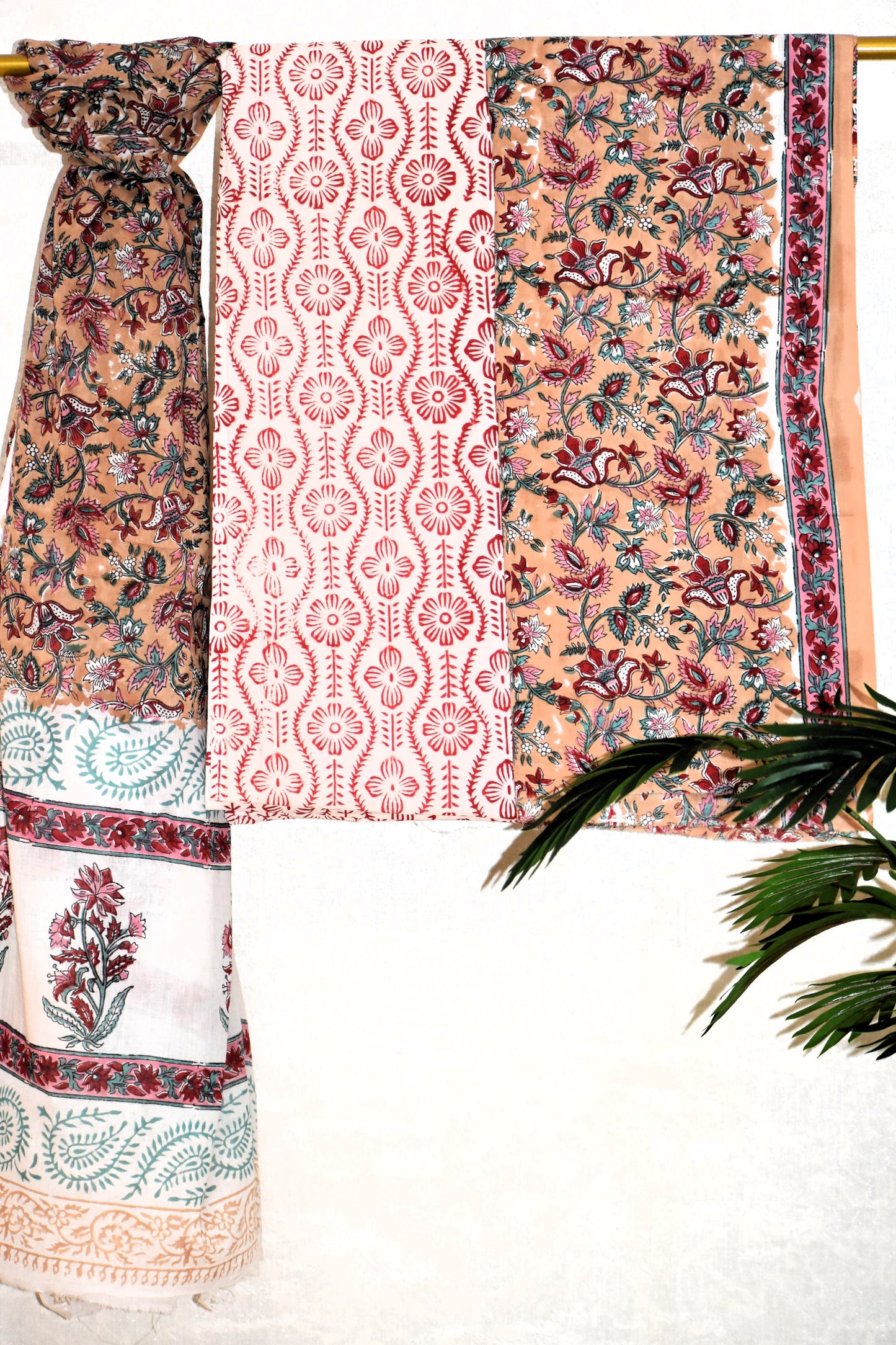 Oat Beige All-over Floral Hand Block Printed Cotton Suit with Malmal Dupatta