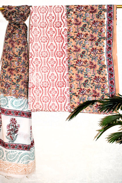 Oat Beige All-over Floral Hand Block Printed Cotton Suit with Malmal Dupatta