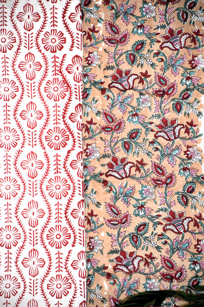 Oat Beige All-over Floral Hand Block Printed Cotton Suit with Malmal Dupatta