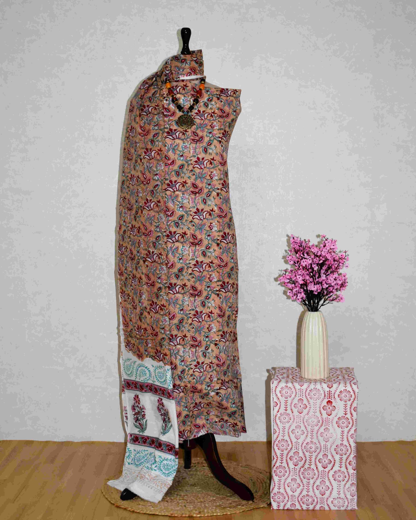 Oat Beige All-over Floral Hand Block Printed Cotton Suit with Malmal Dupatta