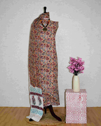 Oat Beige All-over Floral Hand Block Printed Cotton Suit with Malmal Dupatta