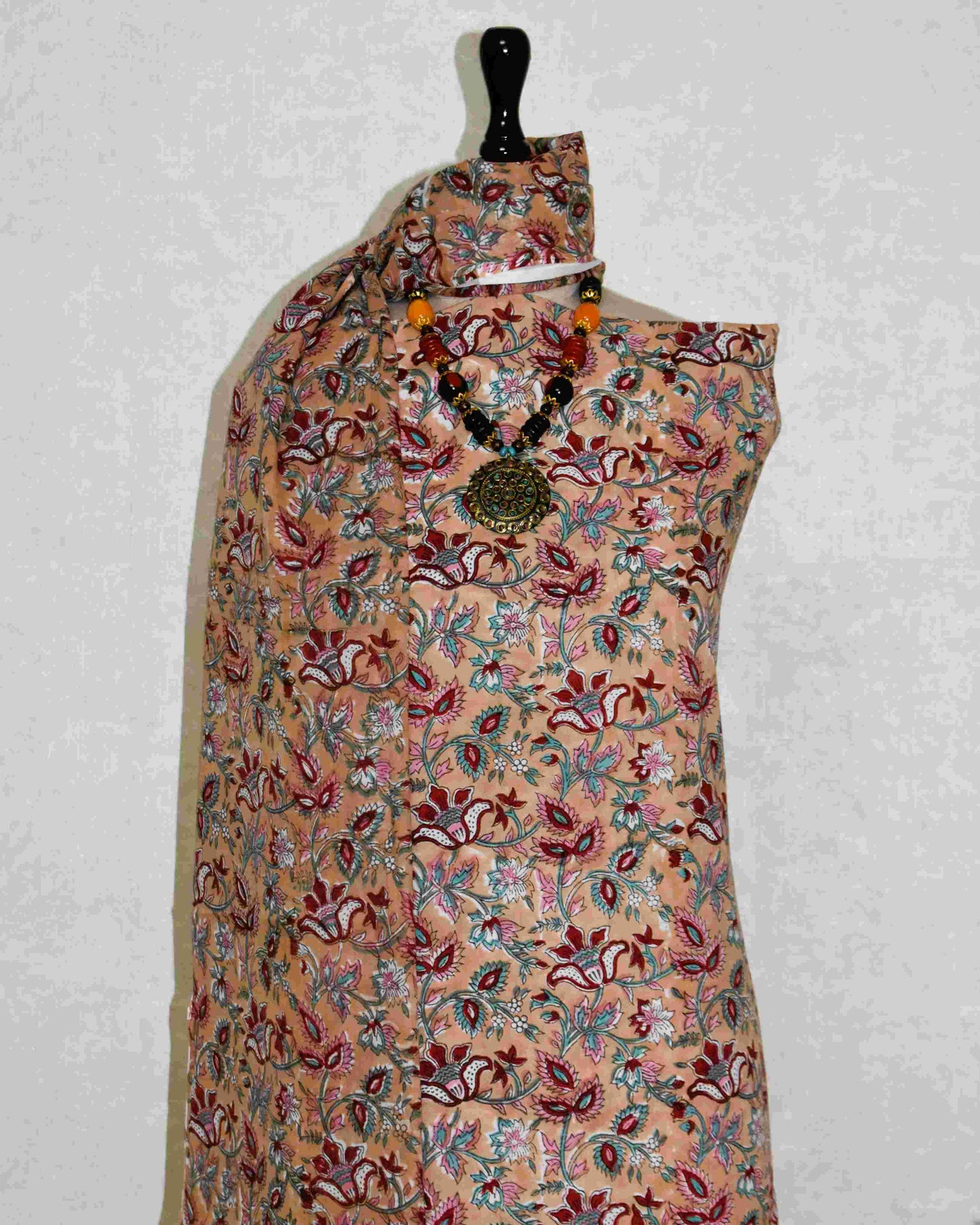 Oat Beige All-over Floral Hand Block Printed Cotton Suit with Malmal Dupatta