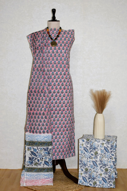 Blue on Pink All-over Floral Hand Block Printed Cotton Suit with Malmal Dupatta