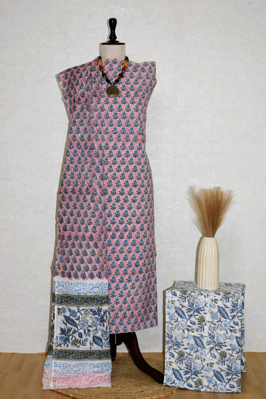Blue on Pink All-over Floral Hand Block Printed Cotton Suit with Malmal Dupatta