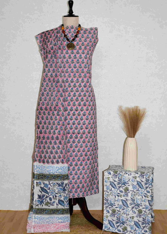 Blue on Pink All-over Floral Hand Block Printed Cotton Suit with Malmal Dupatta