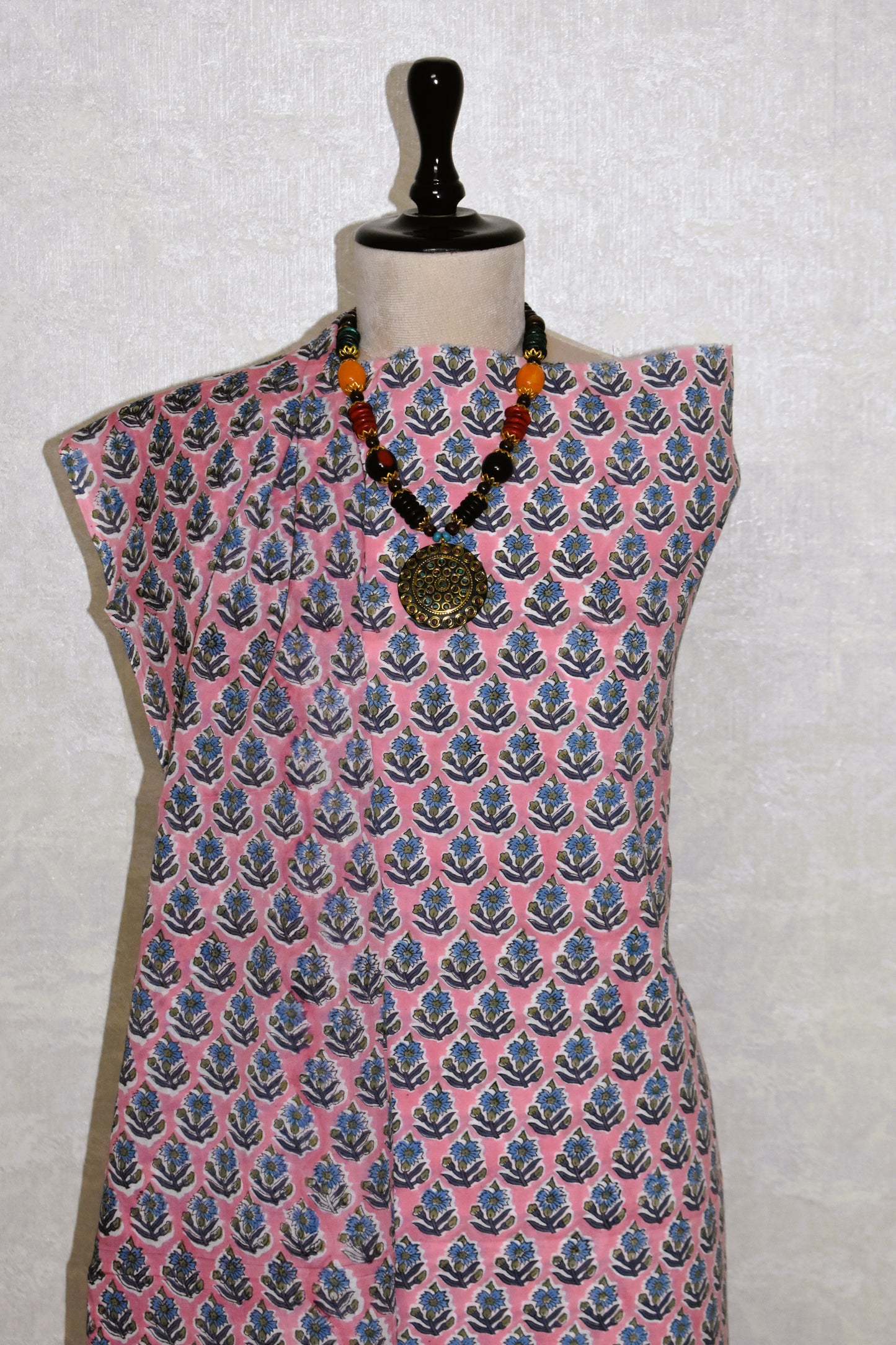 Blue on Pink All-over Floral Hand Block Printed Cotton Suit with Malmal Dupatta