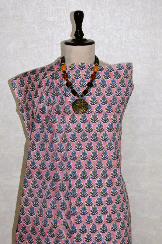 Blue on Pink All-over Floral Hand Block Printed Cotton Suit with Malmal Dupatta