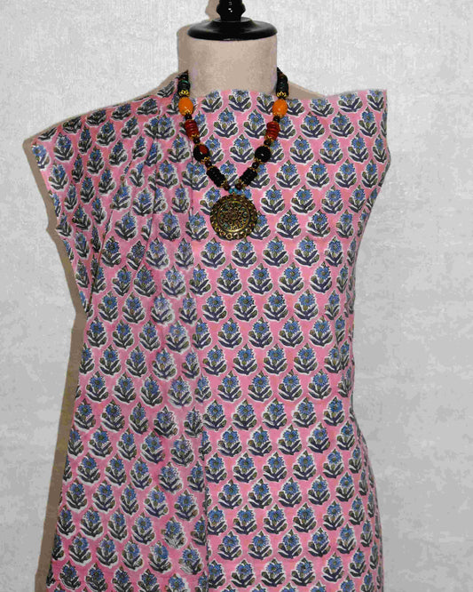 Blue on Pink All-over Floral Hand Block Printed Cotton Suit with Malmal Dupatta