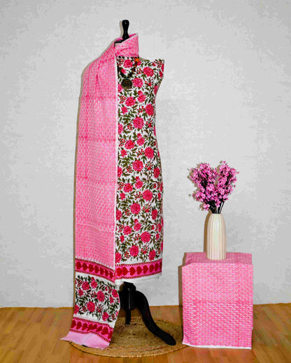 All-over Rose Hand Block Printed Cotton Suit with Malmal Dupatta