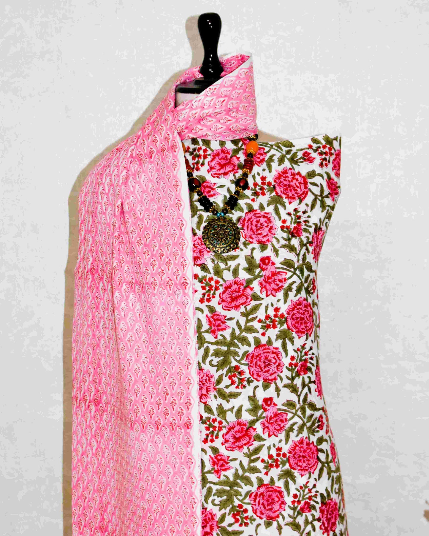 All-over Rose Hand Block Printed Cotton Suit with Malmal Dupatta