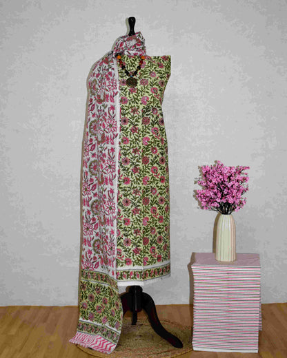 All-over Green Floral Hand Block Printed Cotton Suit with Malmal Dupatta