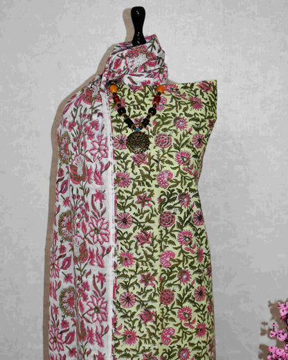 All-over Green Floral Hand Block Printed Cotton Suit with Malmal Dupatta