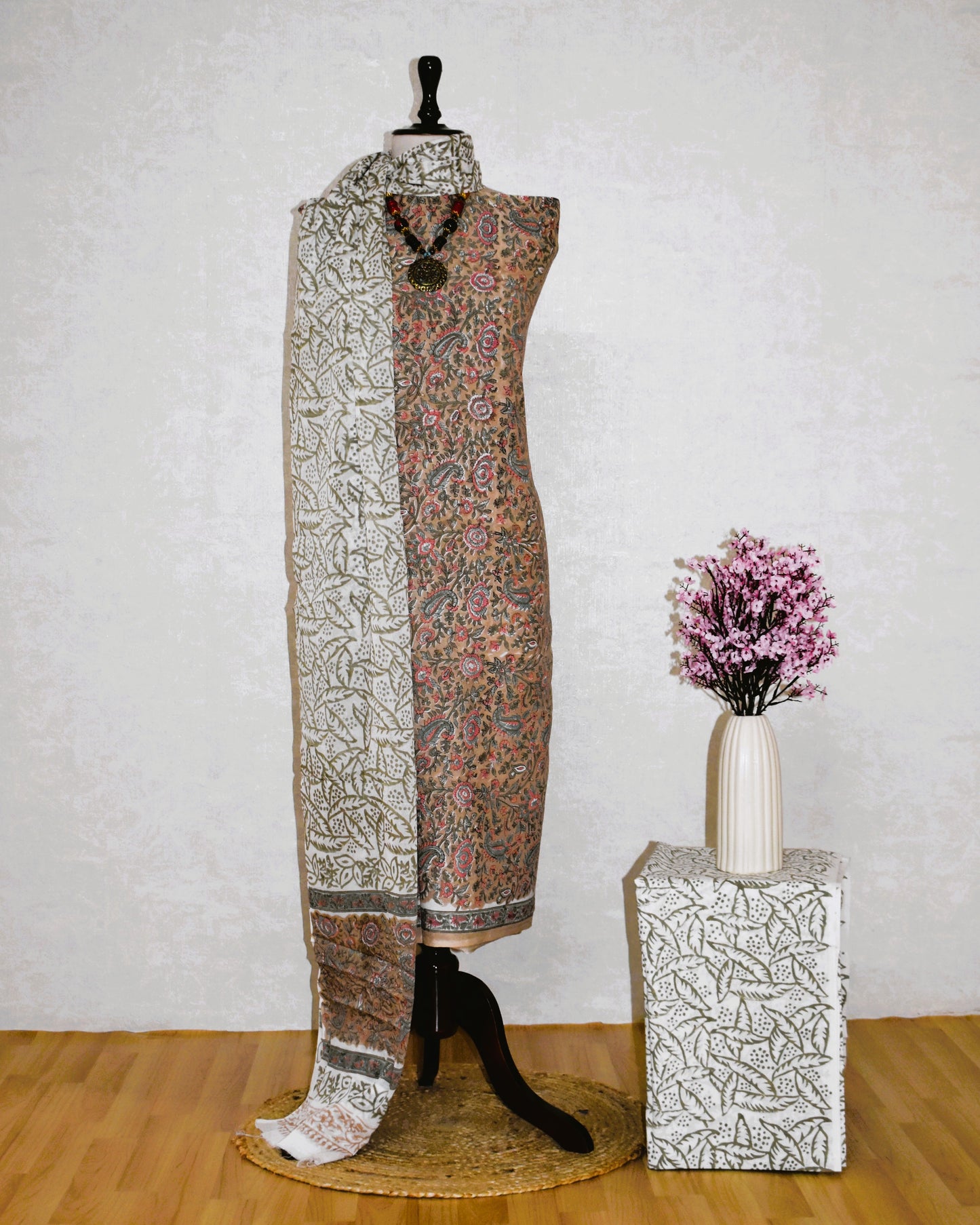 All-over Floral Paisley Hand Block Printed Cotton Suit with Malmal Dupatta