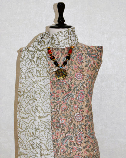 All-over Floral Paisley Hand Block Printed Cotton Suit with Malmal Dupatta