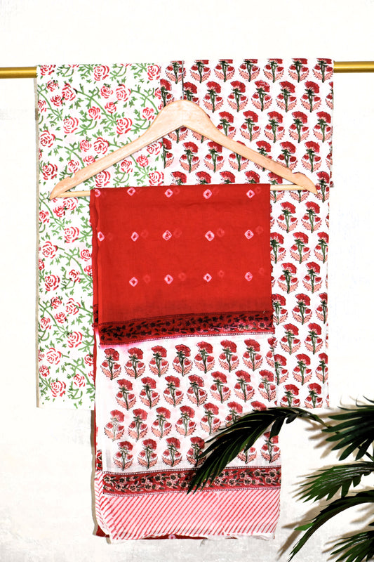 Red Floral Small Buti Hand Block Printed Cotton  Suit with Bandej Malmal Dupatta