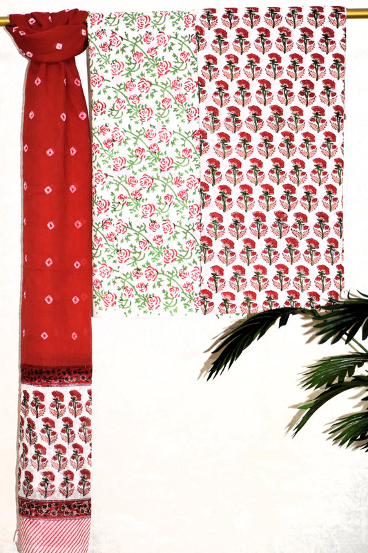 Red Floral Small Buti Hand Block Printed Cotton  Suit with Bandej Malmal Dupatta