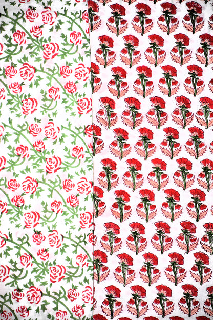 Red Floral Small Buti Hand Block Printed Cotton Suit with Bandej Malmal Dupatta