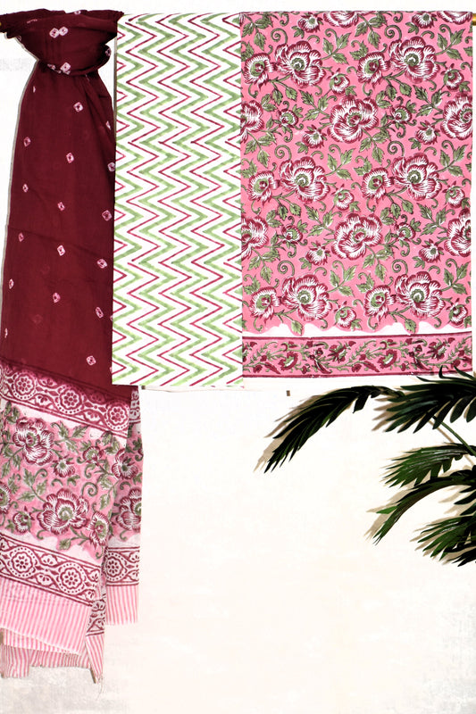 Pink All-over Floral Hand Block Printed Cotton Suit with Bandej Malmal Dupatta