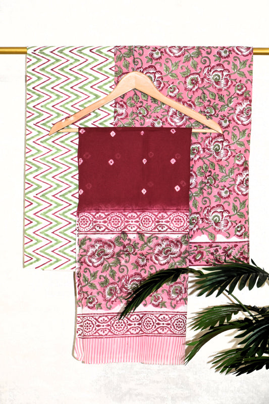 Pink All-over Floral Hand Block Printed Cotton Suit with Bandej Malmal Dupatta